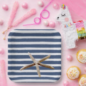 Marine Blauw en Wit Strepen Zeester Papieren Bordje (Feest)
