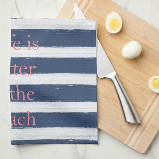 Marine Blauw en Wit Strepen Zeester Theedoek (Quarter Fold)