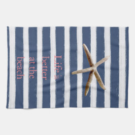 Marine Blauw en Wit Strepen Zeester Theedoek