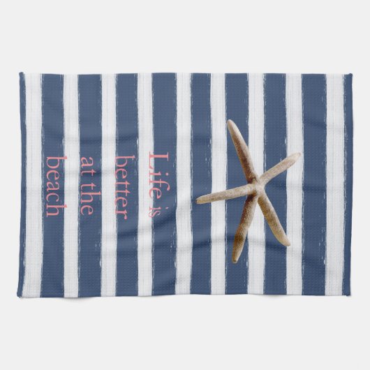 Marine Blauw en Wit Strepen Zeester Theedoek (Horizontaal)