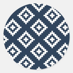 Marine Blauw en Wit, Tribal, Azteken Ronde Sticker