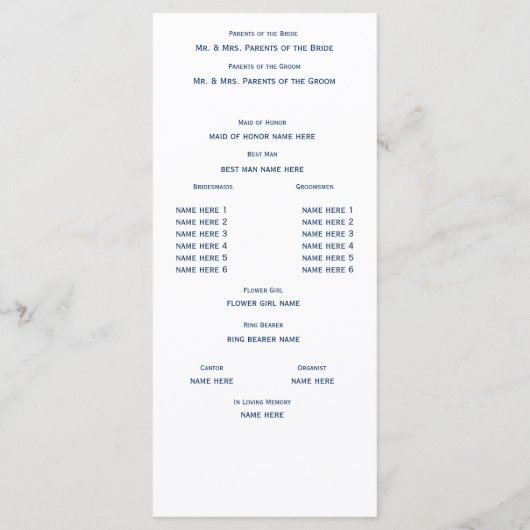 Marine Blauw en Wit Trouwprogramma Programmakaart (Achterkant)