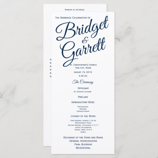 Marine Blauw en Wit Trouwprogramma Programmakaart (Voorkant / Achterkant)