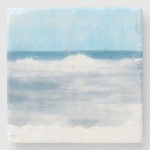 Marine Blauw en Wit Waterverf Beach Surf