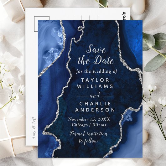 Marine Blauw en Zilver Agaat Marmer Save The Date Briefkaart