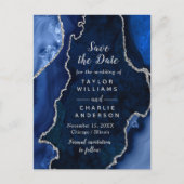 Marine Blauw en Zilver Agaat Marmer Save The Date Briefkaart (Voorkant)