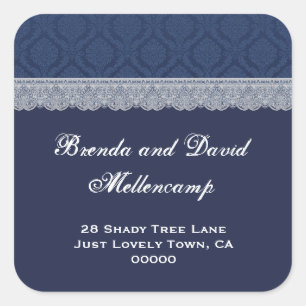 Marine Blauw en Zilver Bruiloft Damask Kant Adres Vierkante Sticker