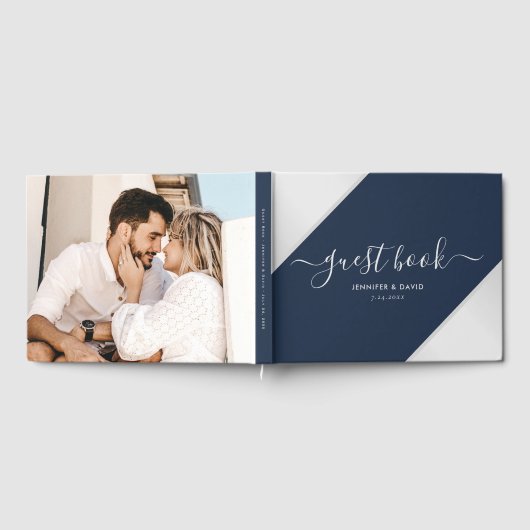 Marine Blauw en Zilver Bruiloft Foto Gastenboek (Volledig)