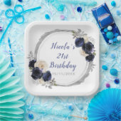 Marine Blauw en Zilver Elegant Bloemen Verjaardags Papieren Bordje (Feest)