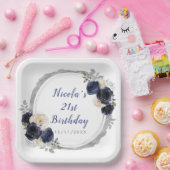 Marine Blauw en Zilver Elegant Bloemen Verjaardags Papieren Bordje (Feest)