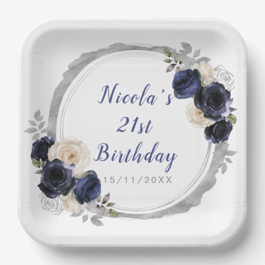 Marine Blauw en Zilver Elegant Bloemen Verjaardags Papieren Bordje (Voorkant)