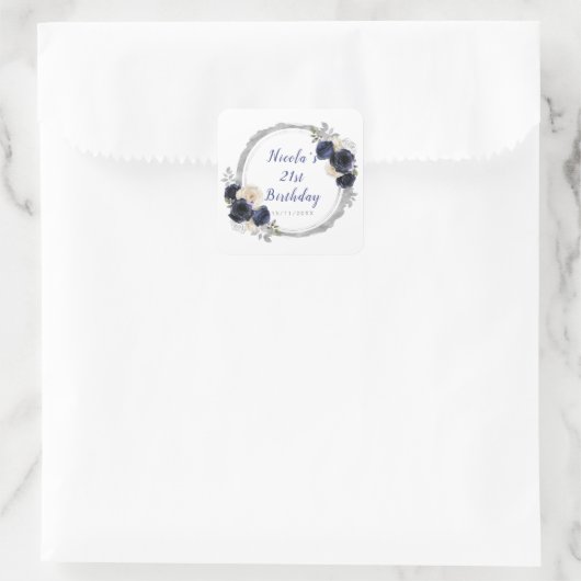 Marine Blauw en Zilver Elegant Bloemen Verjaardags Vierkante Sticker (Tas)