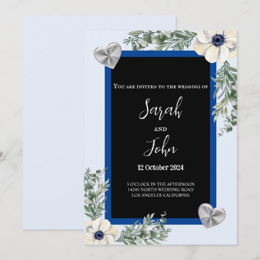 Marine Blauw en Zilver Elegant Hart Bloemen Bruilo Kaart (Voorkant / Achterkant)