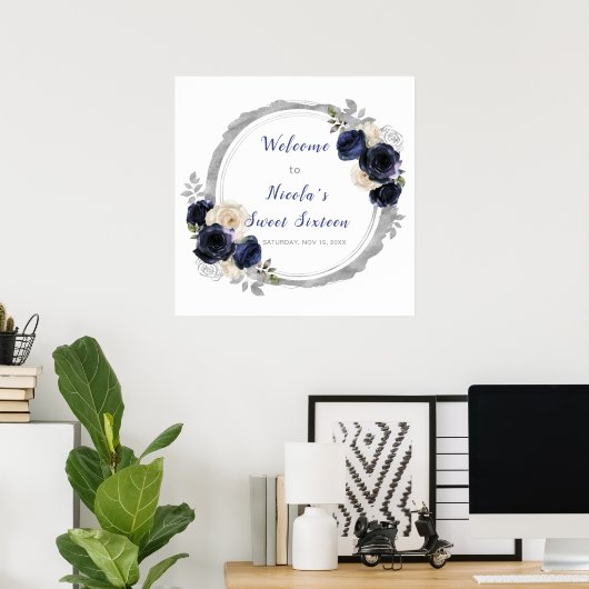Marine Blauw en Zilver Elegante Bloem Sweet Sixtee Poster (Thuiskantoor)