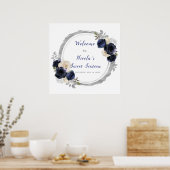 Marine Blauw en Zilver Elegante Bloem Sweet Sixtee Poster (Keuken)