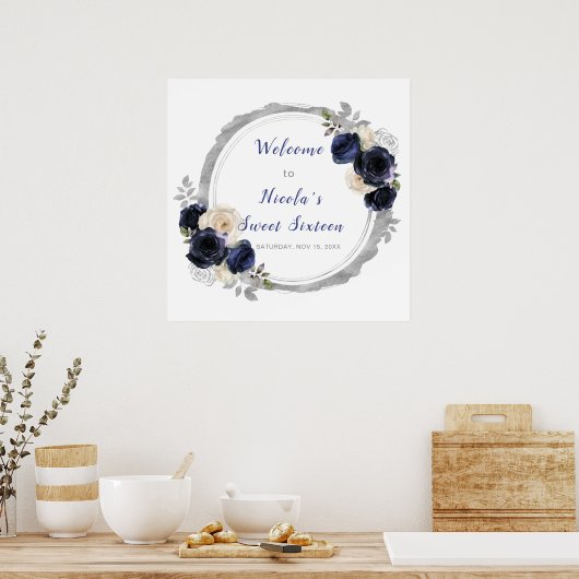 Marine Blauw en Zilver Elegante Bloem Sweet Sixtee Poster (Keuken)