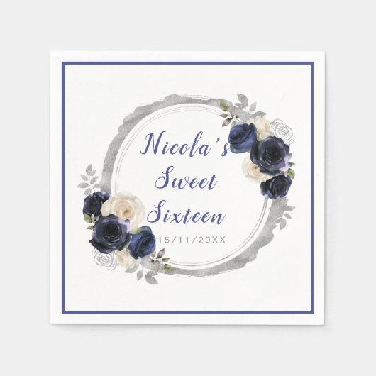 Marine Blauw en Zilver Elegante Bloemen Sweet Sixt Servet (Voorkant)