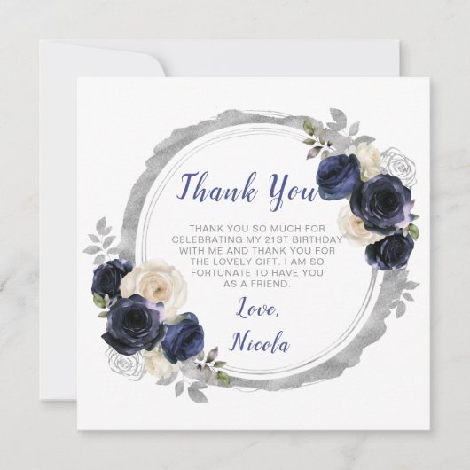 Marine Blauw en Zilver Elegante Bloemen Verjaardag Bedankkaart (Voorkant)