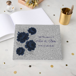 Marine Blauw en Zilver Glitter Bladeren Huwelijk Gastenboek
