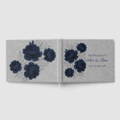 Marine Blauw en Zilver Glitter Bladeren Huwelijk Gastenboek (Volledig)