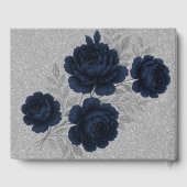 Marine Blauw en Zilver Glitter Bladeren Huwelijk Gastenboek (Achterkant)