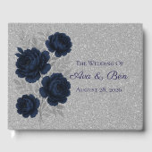 Marine Blauw en Zilver Glitter Bladeren Huwelijk Gastenboek (Voorkant)