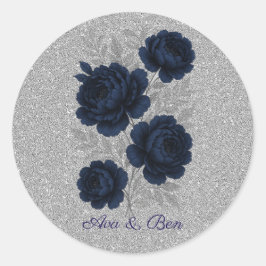 Marine Blauw en Zilver Glitter Bladeren Huwelijk Ronde Sticker