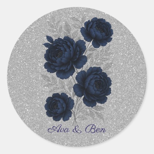 Marine Blauw en Zilver Glitter Bladeren Huwelijk Ronde Sticker (Voorkant)