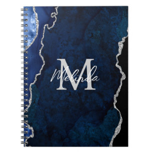 Marine Blauw en Zilver Marmeren Agaat Notitieboek