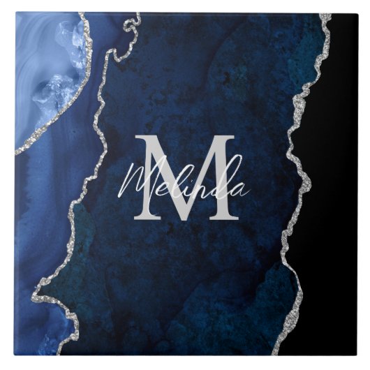 Marine Blauw en Zilver Marmeren Agaat Tegeltje (Voorkant)