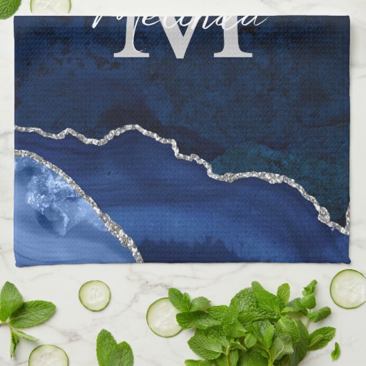 Marine Blauw en Zilver Marmeren Agaat Theedoek (Gevouwen)