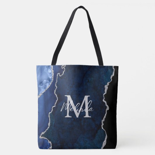 Marine Blauw en Zilver Marmeren Agaat Tote Bag (Voorkant)
