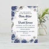 Marine Blauw en Zilver Modern Ivoor Bloemen Huweli Kaart (Staand voorkant)