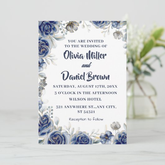 Marine Blauw en Zilver Modern Ivoor Bloemen Huweli Kaart (Staand voorkant)