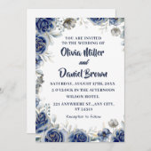 Marine Blauw en Zilver Modern Ivoor Bloemen Huweli Kaart (Voorkant / Achterkant)