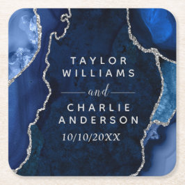 Marine Blauw en Zilveren Agaat Marmer Bruiloft Kartonnen Onderzetters