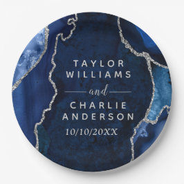 Marine Blauw en Zilveren Agaat Marmer Bruiloft Papieren Bordje