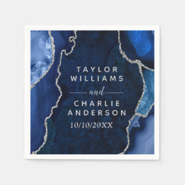 Marine Blauw en Zilveren Agaat Marmer Bruiloft Servet