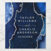 Marine Blauw en Zilveren Agaat Marmer Bruiloft Wijn Etiket (Enkel label)