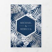 Marine Blauw en Zilveren Folie Tropische Palm Huwe Drieluik Uitnodiging (Cover)