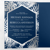 Marine Blauw en Zilveren Folie Tropische Palm Huwe Drieluik Uitnodiging (Binnenzijde eerst)