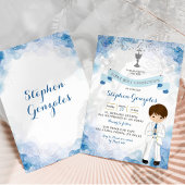 Marine Blauw en Zilveren Jongen Eerste Heilige Com Kaart