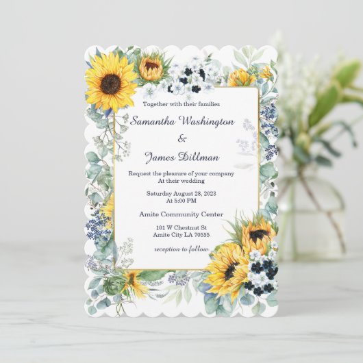 Marine Blauw en Zonnebloem Bruiloft Kaart (Staand voorkant)