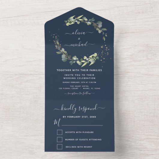 Marine Blauw Eucalyptus Groen Huwelijk Elegant All In One Uitnodiging (Binnen)