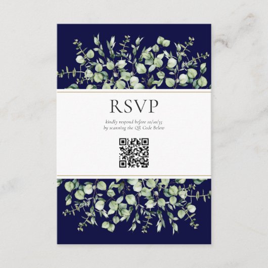 Marine Blauw Eucalyptus QR Code Huwelijk RSVP Informatiekaartje (Voorkant)