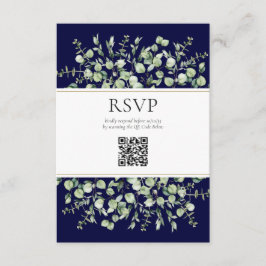 Marine Blauw Eucalyptus QR Code Huwelijk RSVP Informatiekaartje