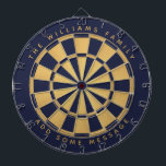 Marine Blauw Faux Gouden Folie Aangepaste Naam Geo Dartbord<br><div class="desc">Een klassiek dartboard ontwerp met afwisselend marineblauw en faux gouden folie driehoeken. Boven en onder staan de naam en een boodschap als gebogen tekst,  in gouden petten.</div>