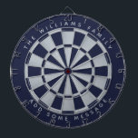 Marine Blauw Faux Zilver Aangepaste familienaam Ge Dartbord<br><div class="desc">Een klassiek dartboard ontwerp met afwisselend marineblauw en faux zilver folie driehoeken. Boven en onder staan de naam en een bericht als gebogen tekst,  in grijze petten.</div>