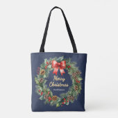 Marine Blauw Feestelijke Kerstkrans Elegant Custom Tote Bag (Achterkant)