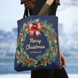 Marine Blauw Feestelijke Kerstkrans Elegant Custom Tote Bag